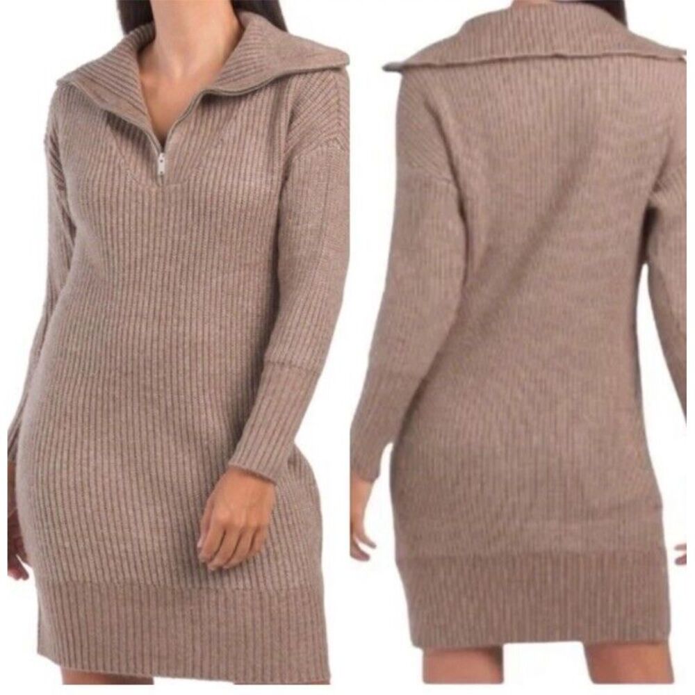 Cupcakes & Cashmere Notch Collar Sweater Dress Tan Zip‎ Shawl Size Large